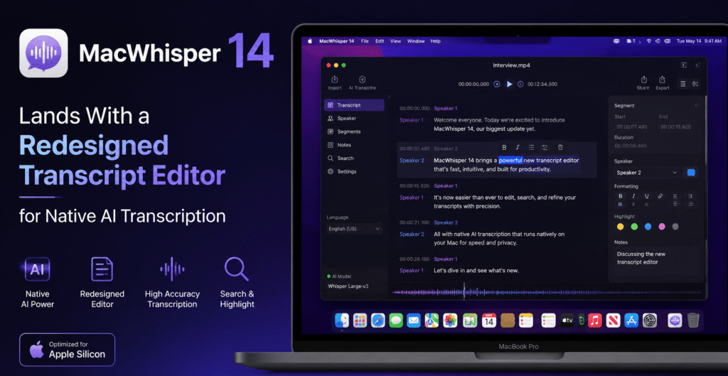 MacWhisper 14 Lands With a Redesigned Transcript Editor for Native AI Transcription
