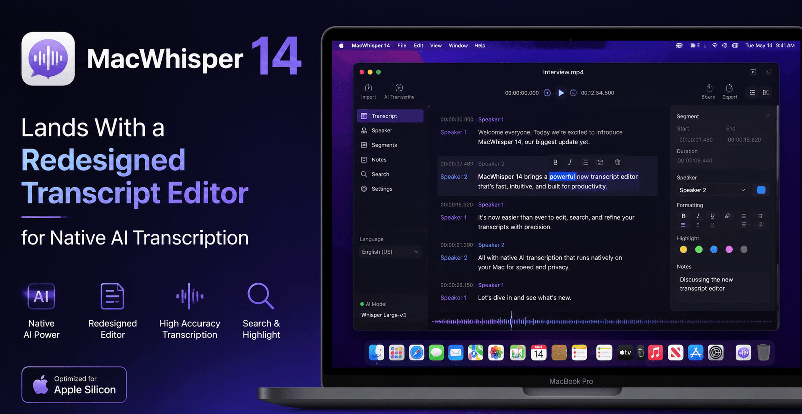 MacWhisper 14 Lands With a Redesigned Transcript Editor for Native AI Transcription